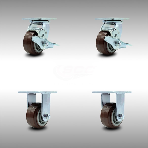 4 Inch SS Polyurethane Caster Set with Ball Bearings 2 Brakes 2 Rigid SCC